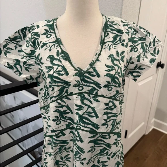 Ex Voto 100% Cotton White Green Bird Block Printed Maxi Dress Green NWT SZ M - Picture 3 of 11